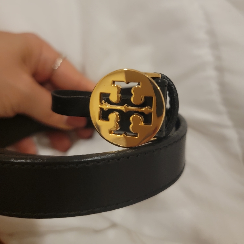 Tory Burch Gold Logo Black Leather Belt
